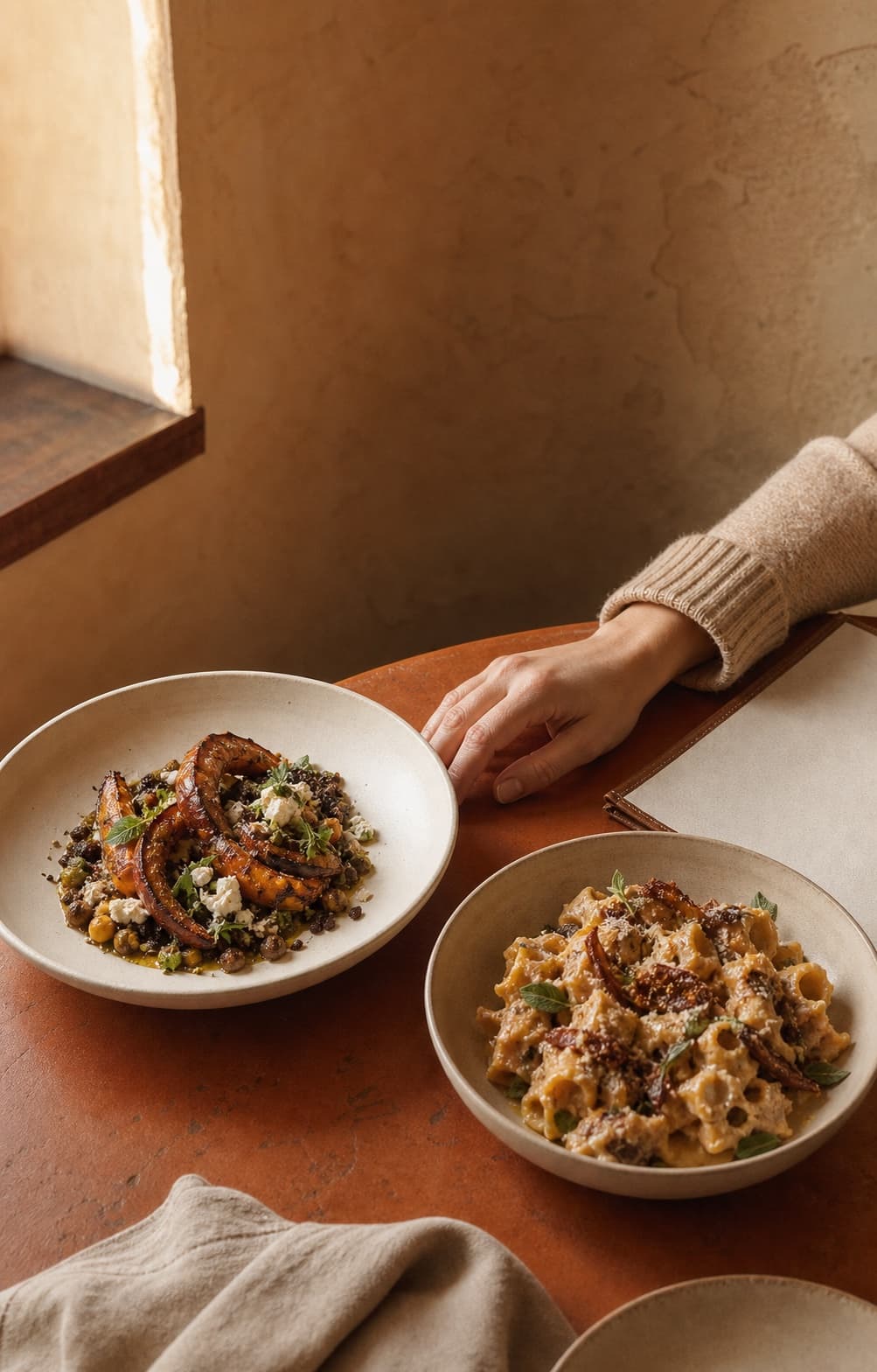 Pasta and roasted vegetables on a restaurant table